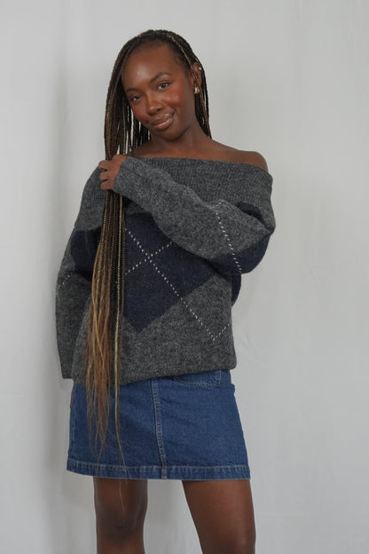 Sultry Argyle Sweater - Gray/Navy