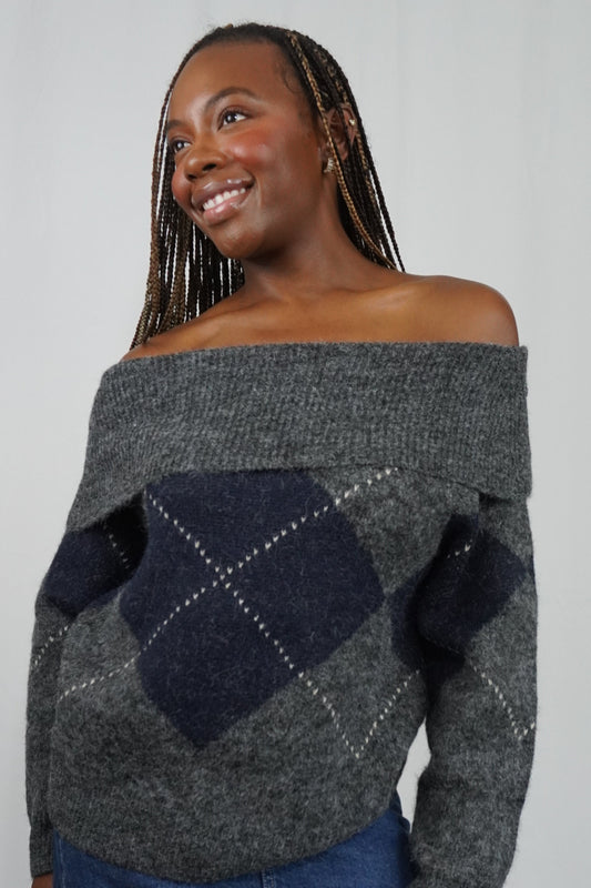 Sultry Argyle Sweater - Gray/Navy