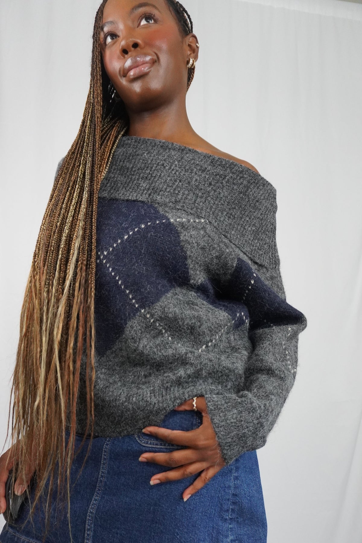 Sultry Argyle Sweater - Gray/Navy
