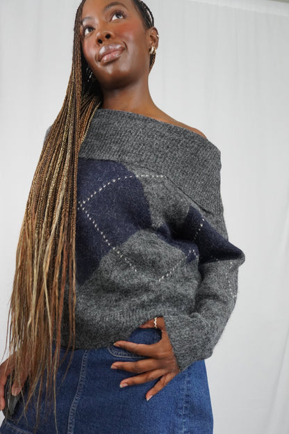 Sultry Argyle Sweater - Gray/Navy